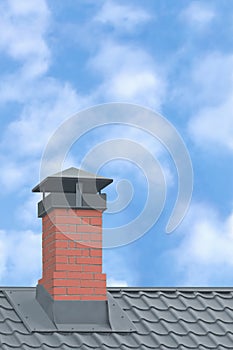 Red Brick Chimney, Grey Steel Tile Roof Texture, Gray Tiled Roofing, Large Detailed Vertical Closeup, Modern Residential House