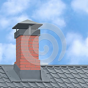 Red Brick Chimney, Grey Steel Tile Roof Texture, Gray Tiled Roofing, Large Detailed Vertical Closeup, Modern Residential House photo
