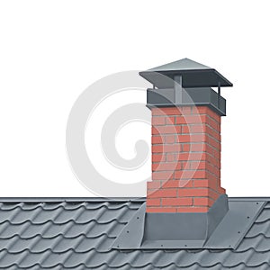 Red Brick Chimney, Grey Steel Tile Roof Texture,  Tiled Roofing, Large Detailed Vertical Closeup, Modern Residential House