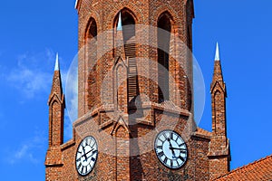 Red brick church in Slavsk close up
