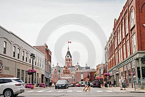 Red brick city hall with a clock tower in the scenic historic center in Stratford, Ontario - sep 2022