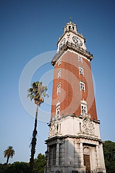 Red brick clock tower called Torre Monumental former Torre de los Ingleses means Tower of English