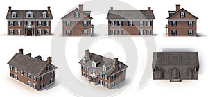 Red brick Colonial Architecture style renders set from different angles on a white. 3D illustration