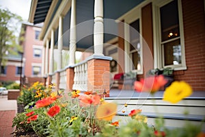 red brick colonial home, side porches with flowers