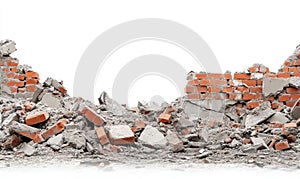 Red Brick and Concrete Rubble Pile on White Background