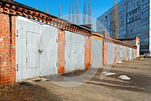 Red brick garages in Russia. Garage cooperative