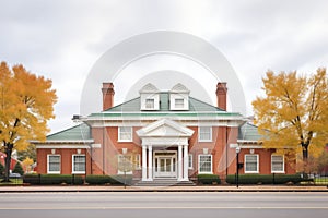 red brick georgian mansion with a hip roof and white columns