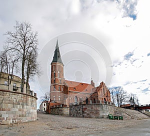 Red Brick Gothic Church with Bell Tower in Kaunas Old Town