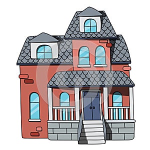 Red brick house with attic and veranda. Hand drawn vector illustration