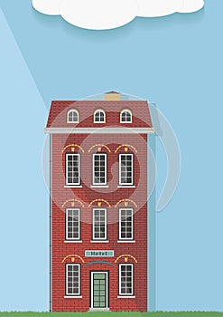 The red brick house on a light background.