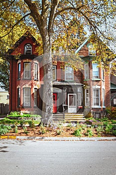 Red brick houses and mansard roofs with garden and tree in autumn. Gananoque, Canada