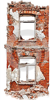 Weathered Red Brick Building Ruins with Empty Window Frames