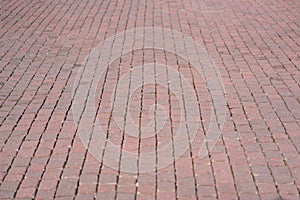 Red brick tile pavement, floor background, with depth of field effect