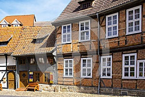 Red brick and timber beams round walls building in Quedlinburg Old Town
