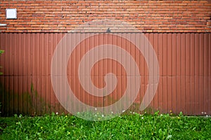 Red brick and tin wall background with green grass