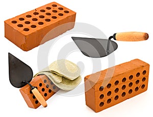 Red brick, trowel and gauntlet set isolated