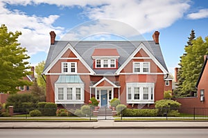red brick twostory colonial house with gabled dormer windows