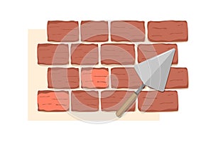 Red brick and Vector flat style hand trowel icon isolated without background, metal blade for building, masonry work