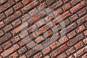 Red brick wall background. Photo of a sloping red brick wall
