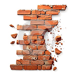 Red brick wall breaking apart, isolated on white - dynamic destruction, Ai Generated