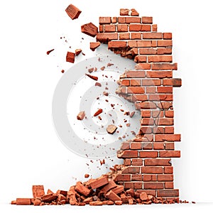 Red brick wall breaking apart, isolated on white - dynamic destruction, Ai Generated
