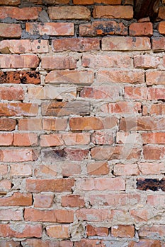 Red brick wall, close-up, brickwork background. Old building materials