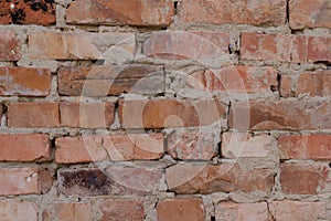 Red brick wall, close-up, old brickwork background