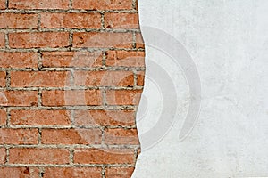 Red brick wall and half-ruined white stucco, architecture abstract background