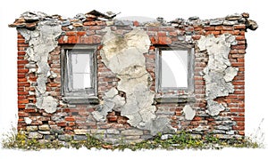 Red Brick Wall Ruin with Empty Window Frames