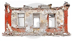 Red Brick Wall Ruins with Three Empty Windows Against White Background