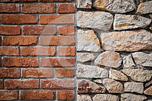 Red brick wall and stone wall background