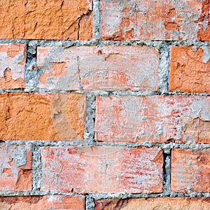 Red brick wall texture macro closeup, old aged detailed rough grunge cracked textured bricks copy space background, grungy