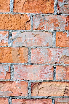 Red brick wall texture macro closeup, old detailed rough grunge cracked textured bricks copy space background, grungy weathered