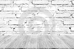 Red Brick wall texture , process in white color with wood terrace with world map