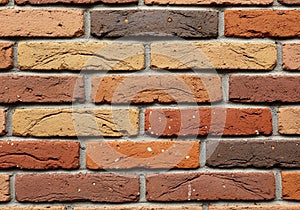 Red brick wall with various shades of brown, tan, and red bricks. Each rectangular