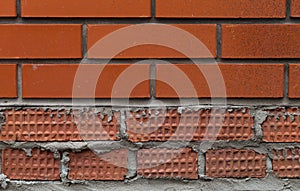 Old wall of red briks tiled background, regular block texture.
