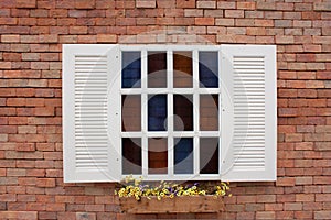 Red brick wall with white window.