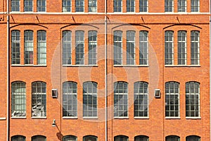 Red brick wall & windows. Industrial landscape. Norrkoping. Sweden