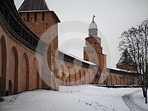 Red brick walls and towers, Novgorod Kremlin \