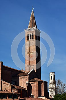 Red brick and white marble belfry in Verona