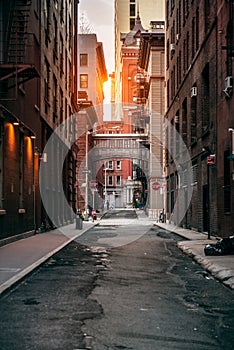 Red bricks building at New York City street at sunset time