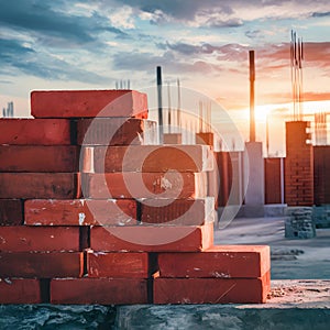 Red bricks stacked at construction site, symbolizing progress and materials