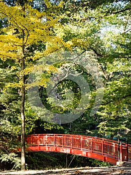 Red bridge across the Togawa river in Shimosuwa - Nagano prefecture, Japan