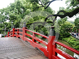 Red bridge at Dazaifu shrine in Fukuoka, Japan