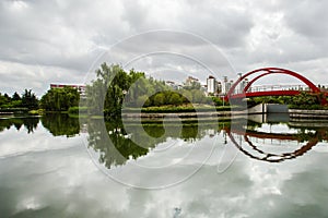 Red bridge in Greenland beside Gubei Road Bridge in Shanghai