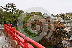 Red Bridge and Hirosaki Castle During Autumn Season