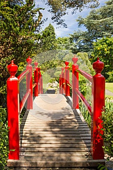 Red bridge. Irish National Stud's Japanese Gardens. Kildare. Ireland