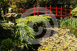 Red bridge. Irish National Stud's Japanese Gardens. Kildare. Ireland