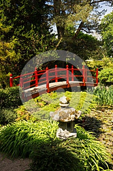 Red bridge. Irish National Stud's Japanese Gardens. Kildare. Ireland