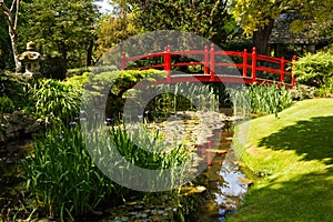 Red bridge. Irish National Stud's Japanese Gardens. Kildare. Ireland